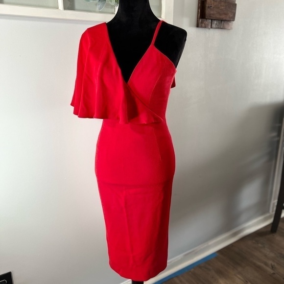 Dress The Population Red Beth Fitted Midi Dress One Shoulder Ruffle Valentines - Picture 5 of 7